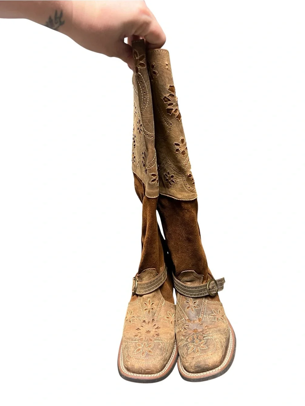 Laredo Caught you lookin brown leather and suede floral square toe riding boots
